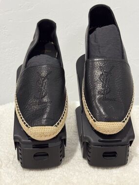 Yves Saint Laurent Black Leather Espadrille Slip-Ons with Natural Trim